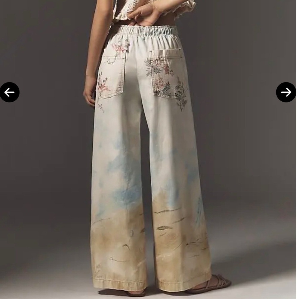Pilcro Scenic Print Wide Leg Pull On High Rise Denim Pant Womens XL Cream Blue - Picture 2 of 13